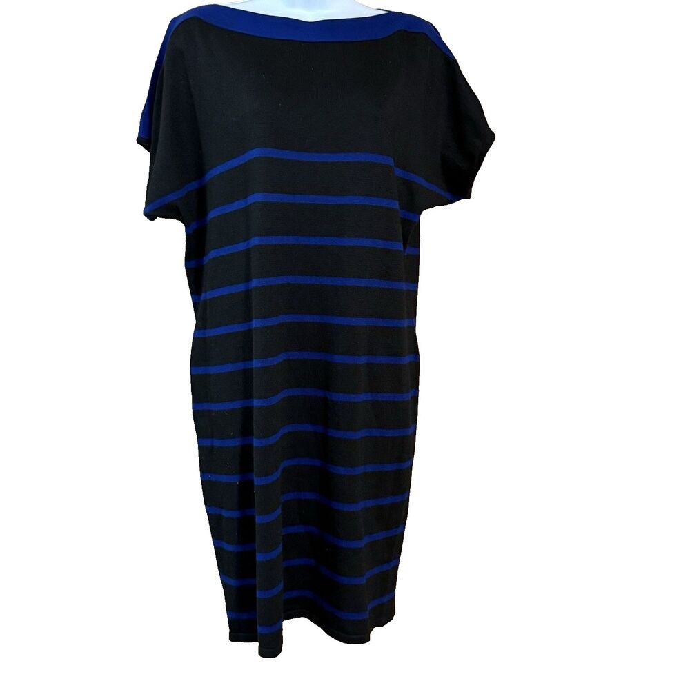 Neiman Marcus Sweater Dress Large Black Blue Stripes Short Sleeve